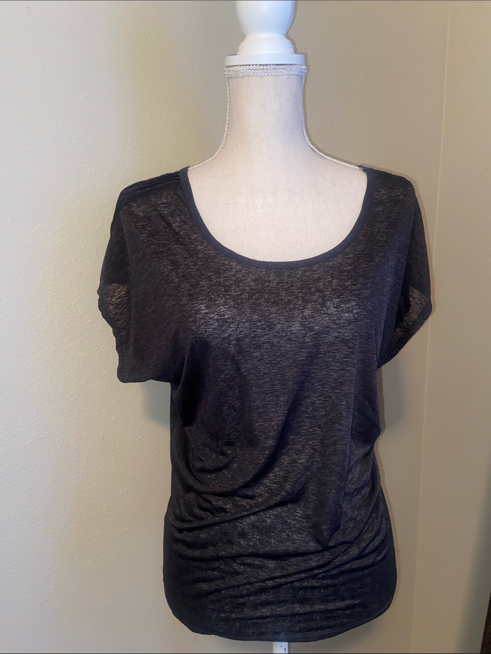 All Black Sexy Draped Semi Sheer Top Blouse Open Keyhole Back Shoulder Stripes